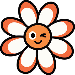 A cute and whimsical cartoon daisy flower with a winking and smiling face, a cheerful design for nature and botanical themes.