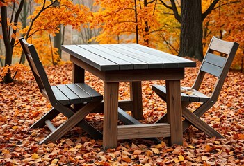 Rustic wooden table & chairs on a fall day, surrounded by warm-toned autumn leaves, warm, cider