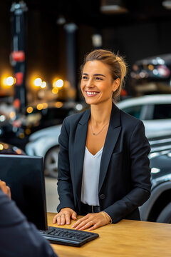 Smiling woman in a black suit stands at a reception desk in a car dealership, engaging with a customer, showcasing professionalism and customer service in an automotive environment