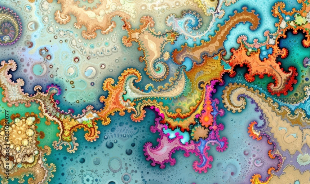 Poster abstract fractal art background with intricate swirls and vibrant color scheme