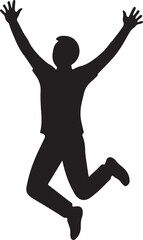 A silhouette of a person jumping with arms up, joyful moment, white background