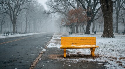 Yellow park bench in snowy park