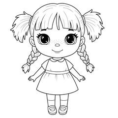 Cute line art of a girl with braids, big eyes, and a gentle smile—perfect for coloring.