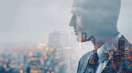 Double Exposure video of Business Person on modern city background. Future business and communication technology concept. leader concept - Powered by Adobe