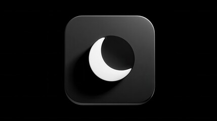 A dark mode icon shaped like a crescent moon inside a simple rounded square, with a soft shadow or glow for visibility on both backgrounds minimal yet expressive.