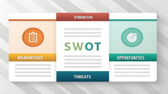 Editable SWOT Analysis Diagram with Icons and Color-Coded Quadrants &mdash; Strategic Planning for Strengths, Weaknesses, Opportunities, and Threats