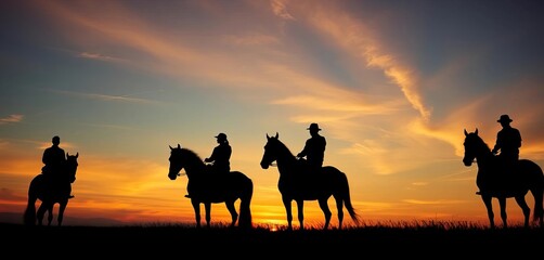 Four equestrian silhouettes at sunset, dramatic sky, photo, silhouette art