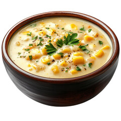Creamy corn chowder in a wooden bowl, garnished with fresh parsley and pepper, a comforting and delicious soup perfect for autumn and winter meals on transparent background