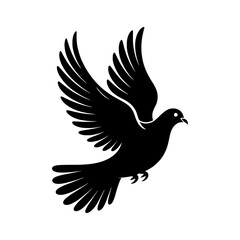 Obraz premium Vector illustration of a flying dove silhouette. Monochrome bird icon, graphic design element featuring spread wings, detailed feathers, and beak. Black and white dove symbol of peace, hope, and freed