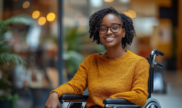 Disabled Black woman in a wheelchair at an inclusive and diverse accessible workplace. DEIB diversity, equality, inclusion, accessibility at work, Generative AI