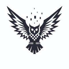 Obraz premium Dark owl with spread wings flies above, embodying pixels against a white backdrop