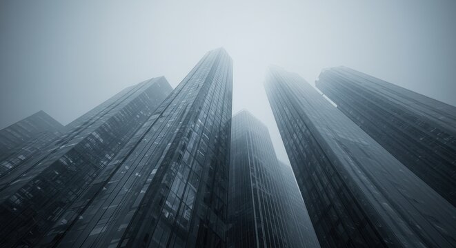 Imposing Glass Towers Ascending into a Moody, Fog-Shrouded Sky