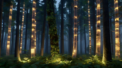 Obraz premium 3D render of a smart forest where every tree is enhanced with tech — transparent bark, data flow in branches, and glowing leaves reacting to sound