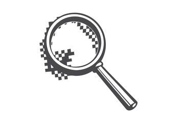 Gray magnifying glass examines pixelated area, revealing hidden details on a white background