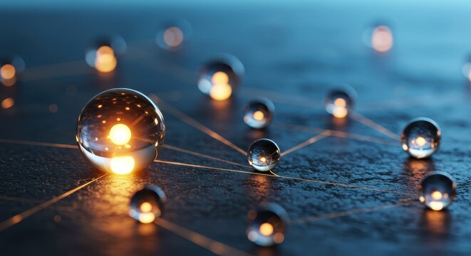 Interconnected Glass Orbs Glowing in a Futuristic Digital Network