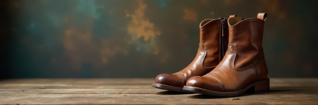 Dusty brown leather boots, classic vintage design , texture, equipment