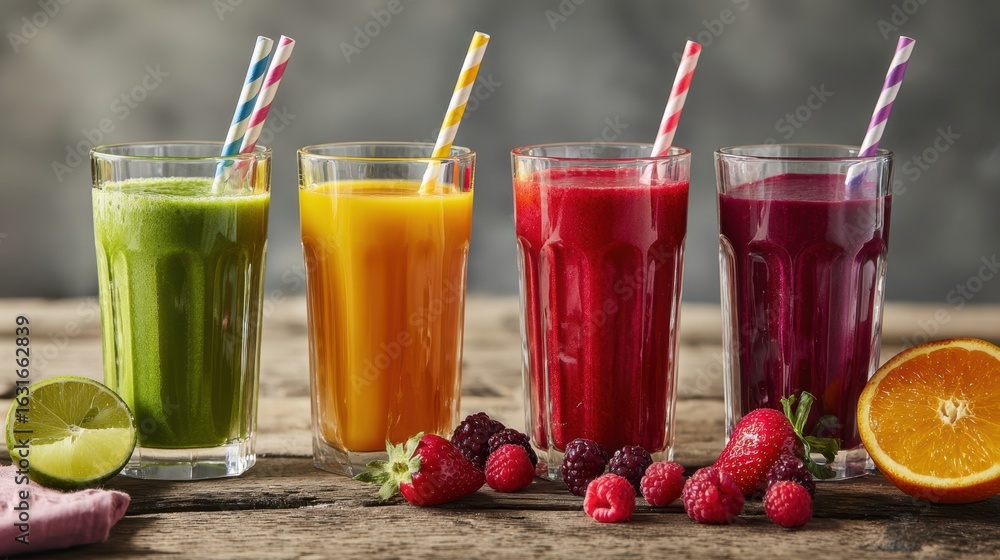 Poster the colorful array of fresh smoothies in glasses on a wooden table.