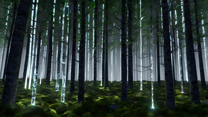 Fototapeta premium 3D render of a smart forest where every tree is enhanced with tech — transparent bark, data flow in branches, and glowing leaves reacting to sound