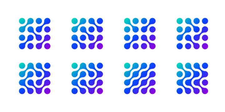 Metaball neuron logo, molecule and atom circle stucture concept. Neuron links in brain liquid blobs and nucleus medical pattern. Artificial fluid shape integrated into organic forms. Wavy energy line