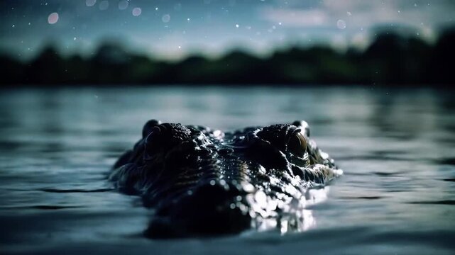 Close-up of crocodile eyes and snout just above water under calm night sky, photorealistic eerie stillness
