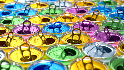 A group of colorful aluminum cans of beverage,	with water droplets, background.	


