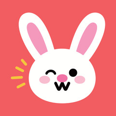 Cute Winking White Rabbit with Pink Ears and a Kawaii Smile on a Red Background