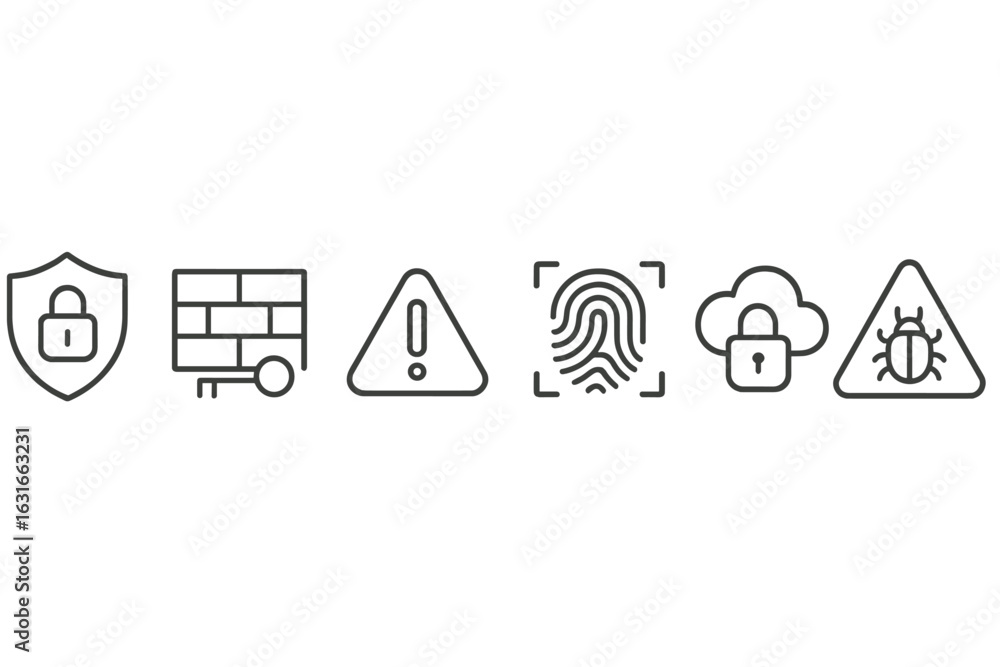 Poster security symbols representing cybersecurity concepts like protection, data security, and identificat