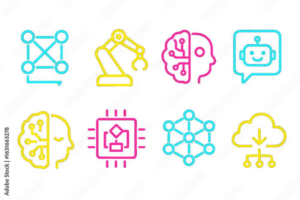 Poster colorful illustrations of artificial intelligence symbols and robotics concepts for technology educa