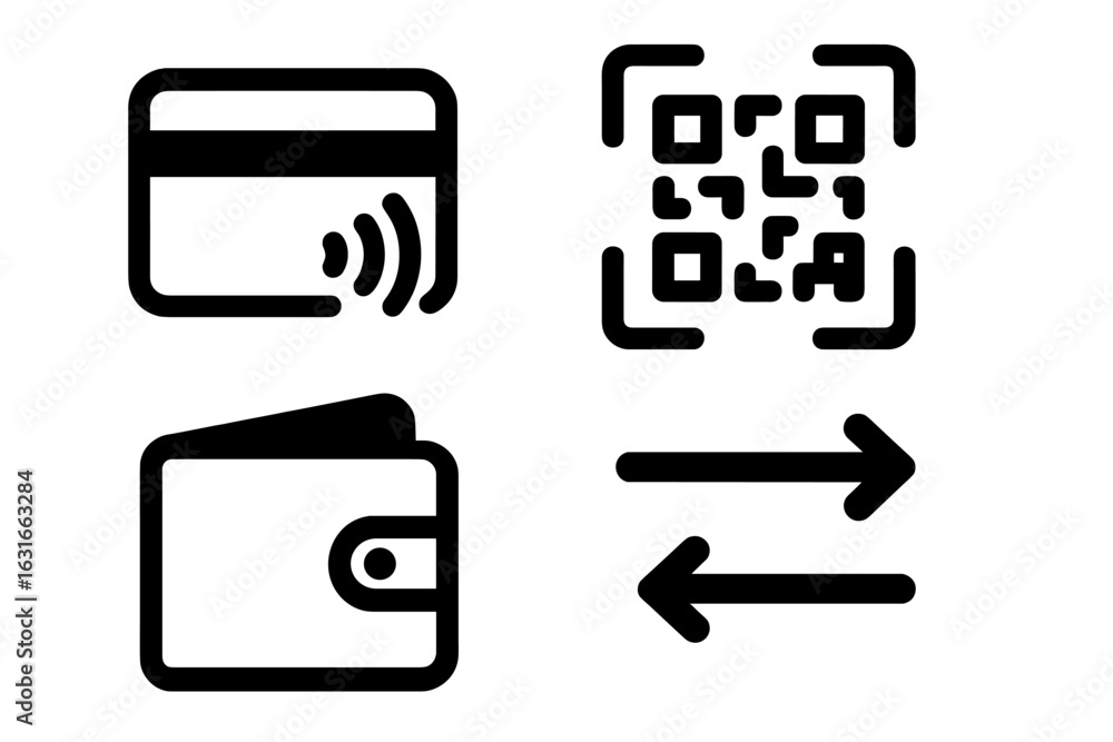 Aufkleber digital payment methods and transactions using card, qr code, and wallet symbols for modern financia