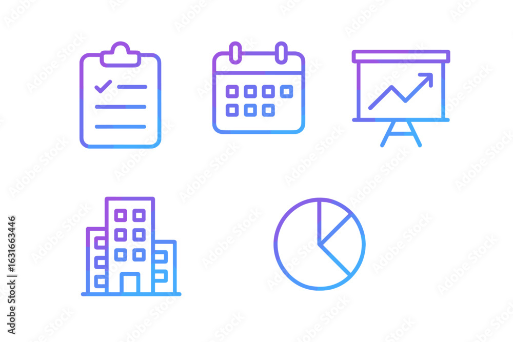 Poster business planning icons illustrating tasks, scheduling, presentations, and performance metrics in a 