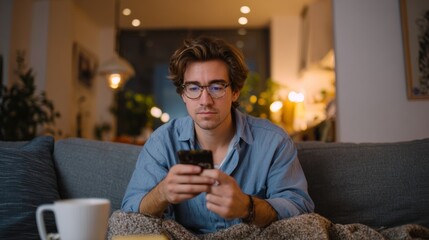 Young caucasian male relaxing at home using smartphone in cozy living room