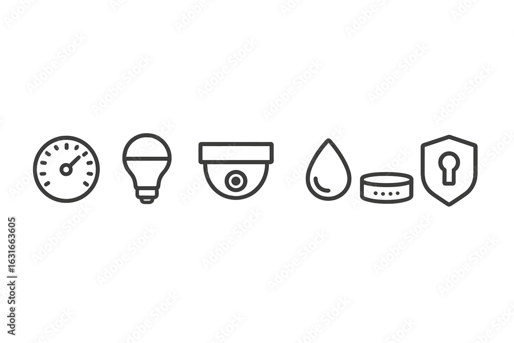 Poster collection of simple icons representing various concepts including security, monitoring, and energy 