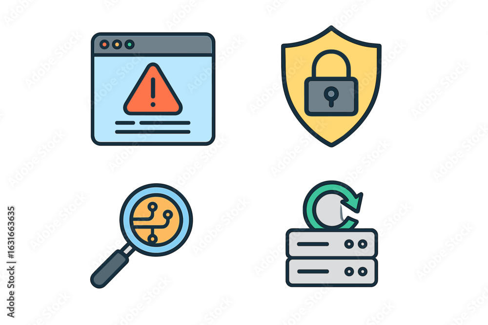 Poster security alerts and technology symbols representing data protection and system checks