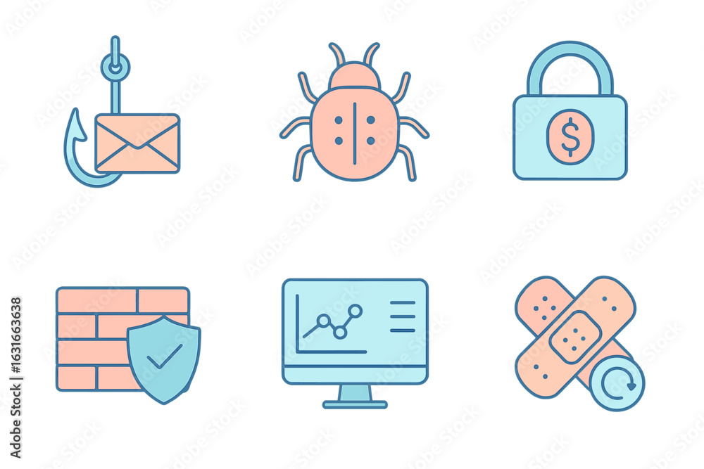 Poster visual representation of cybersecurity concepts including phishing, malware, and data protection mea