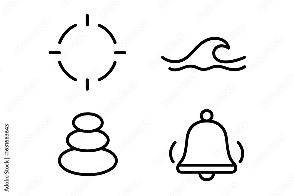 Poster symbols representing focus, nature, tranquility, and sound designed for use in user interfaces or br