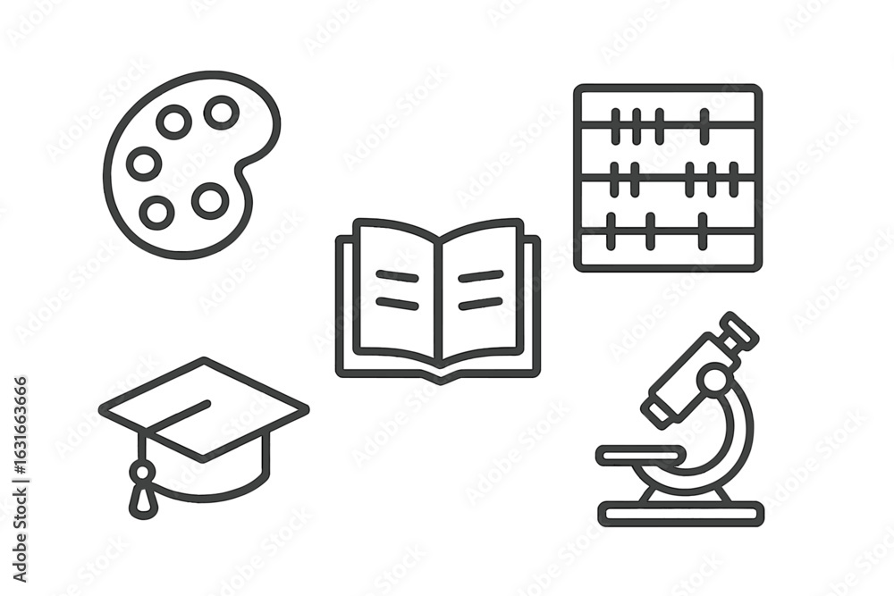 Poster educational symbols representing various fields of study and creativity in a minimalist design