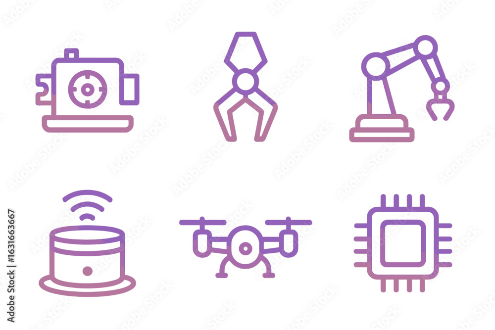 Poster icons representing modern technology and automation including robotics, drones, and smart devices