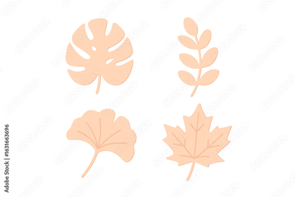 Poster decorative leaf shapes in soft colors arranged on a simple background for crafting and design projec