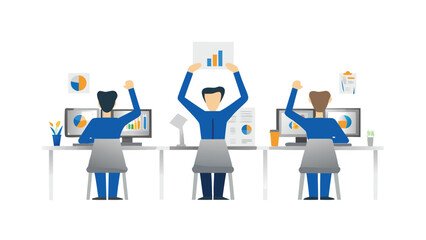 Obraz premium Three people celebrating success at their desks with charts and graphs on their computers and papers