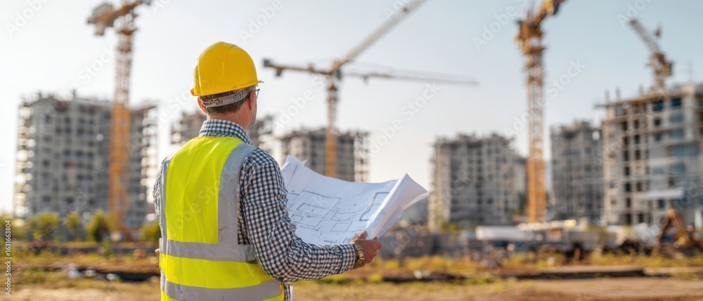 Poster the construction worker analyzing blueprints at a building site in daylight.
