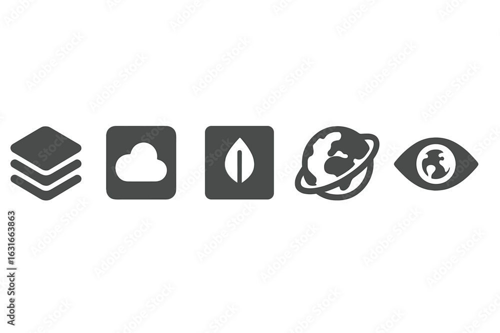 Poster collection of minimalist icons representing cloud computing, data, and environmental awareness in a 