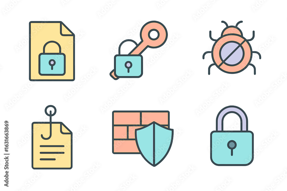 Poster collection of icons representing cybersecurity concepts like data protection, encryption, and malwar