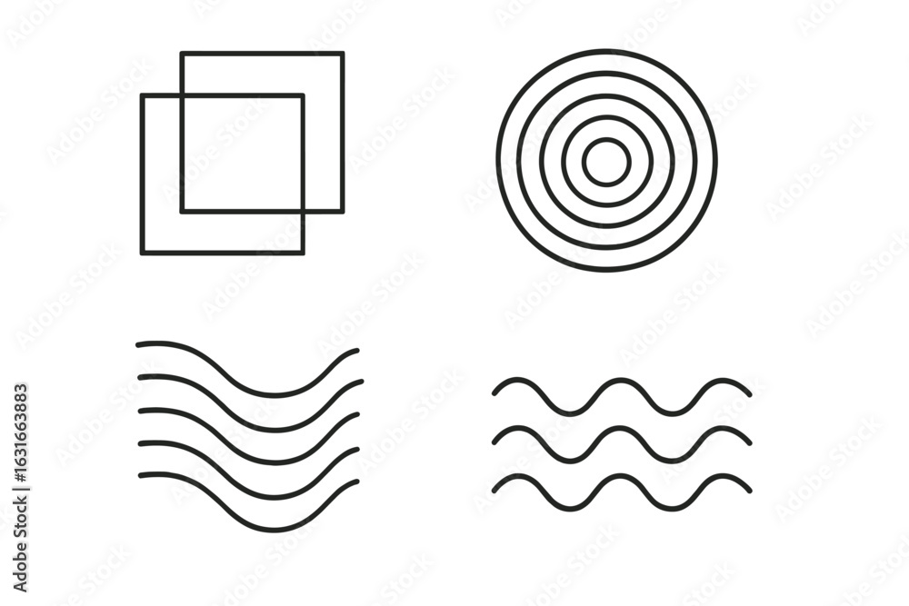 Poster abstract geometric shapes representing layers, circles, and waves in a minimalist style suitable for
