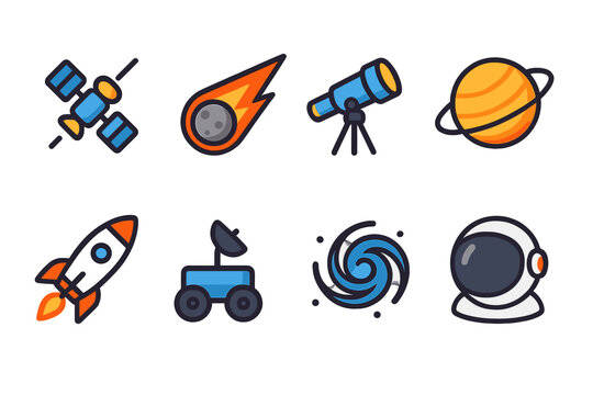 Space exploration icons depicting satellite, comet, telescope, and various celestial objects in a vibrant design