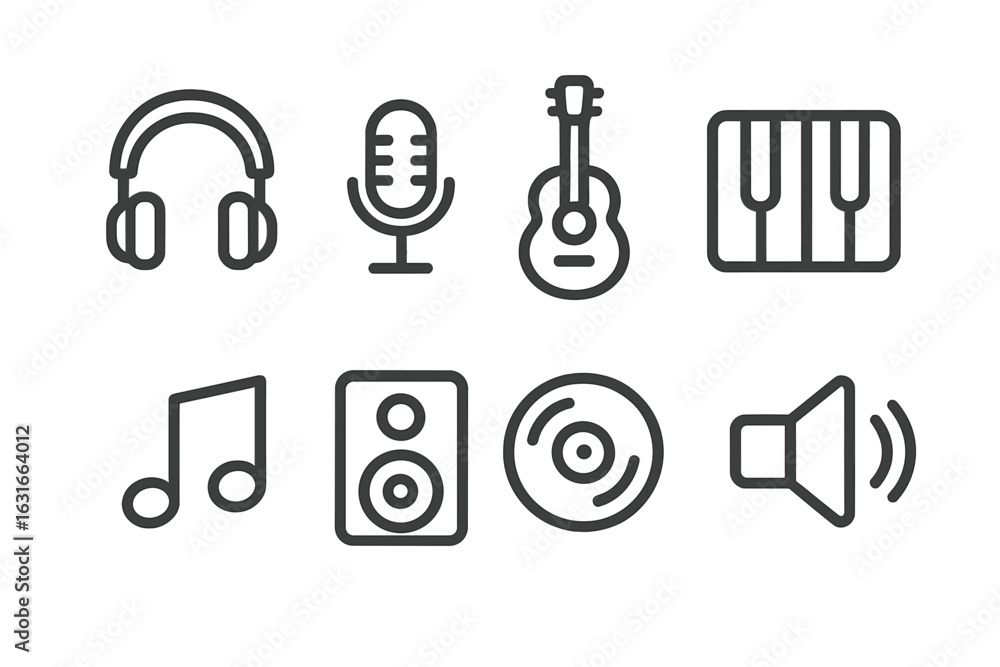 Poster collection of music-related icons depicting instruments and sound equipment in minimalistic style