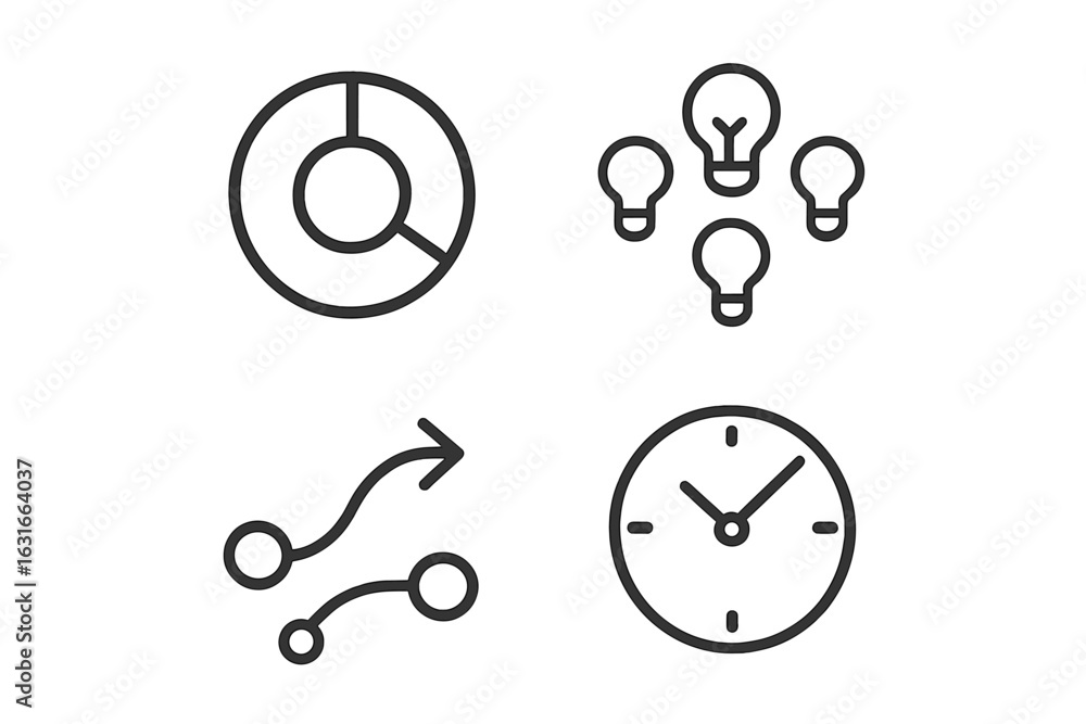 Poster graphics showcasing data visualization, innovation concepts, progress tracking, and time management 