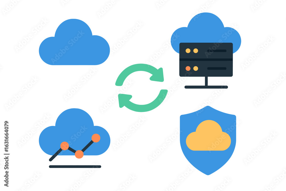 Aufkleber cloud technology illustrating data transfer and security with icons representing cloud storage, anal