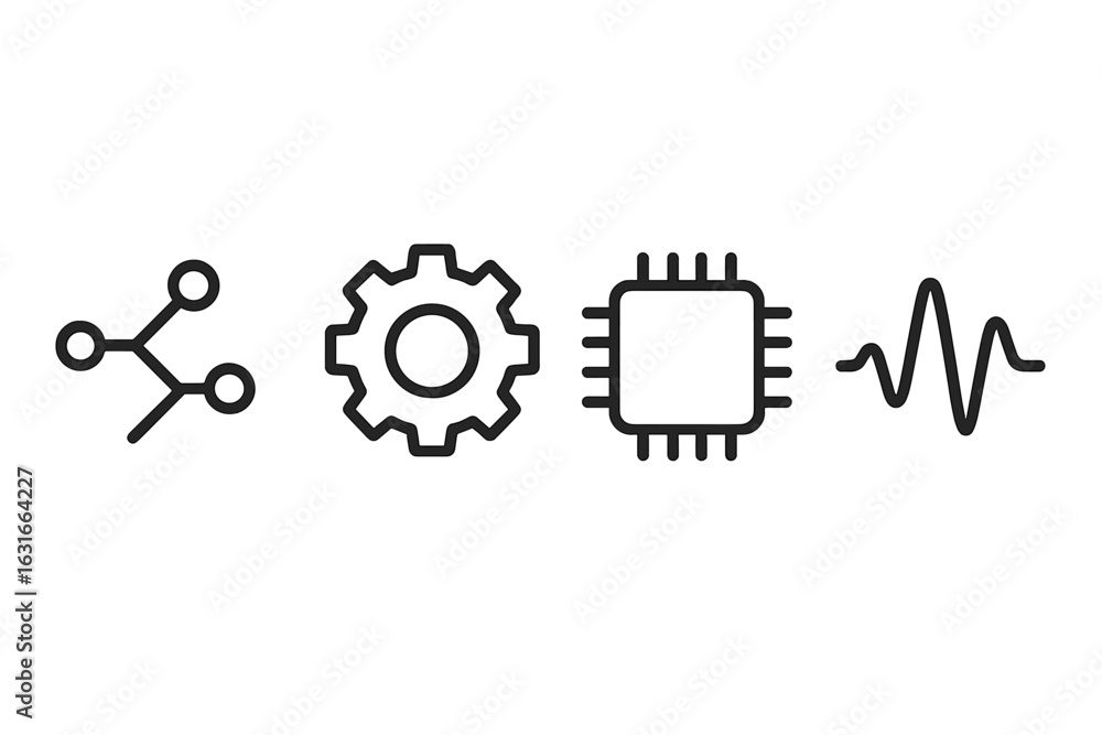 Aufkleber digital symbols represent concepts of technology, engineering, and innovation in a minimalist design