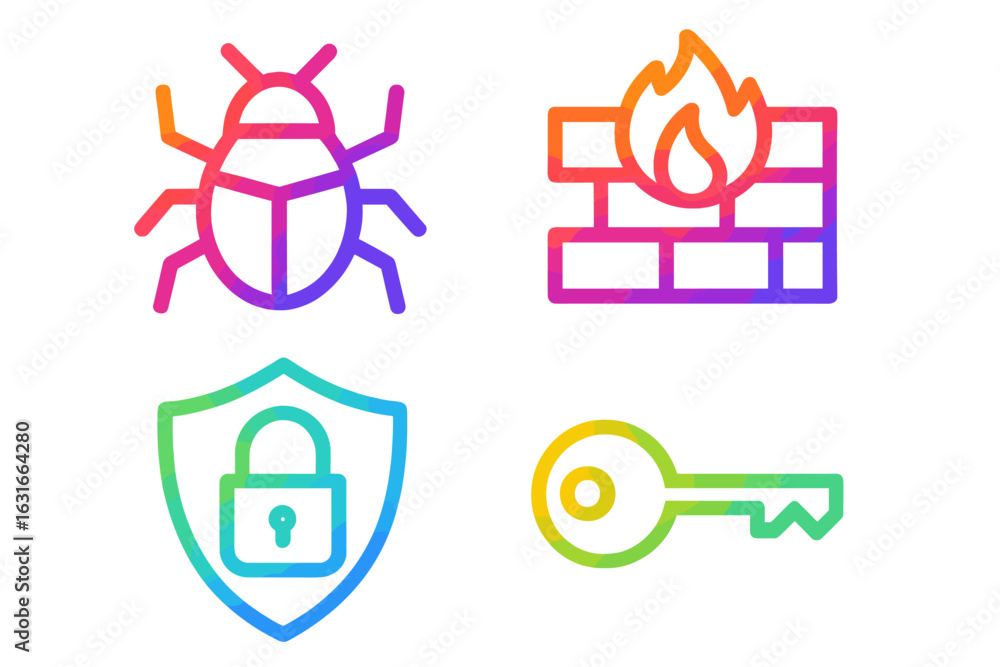 Poster colorful icons representing cybersecurity elements such as malware, firewall, encryption, and access
