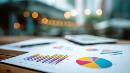 Business charts and graphs on a wooden table with a blurred city background